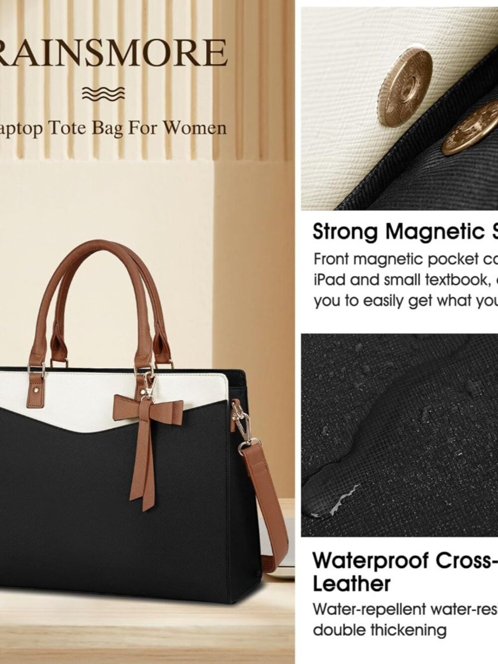 Laptop Bag for Women 15.6 Inch PU Leather Tote Bag Professional Business Office - Picture 4 of 7